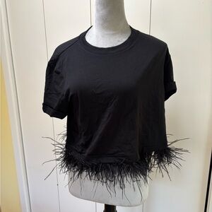 Black Feather-Hem Cropped Tee - Women Cinq a Set XL